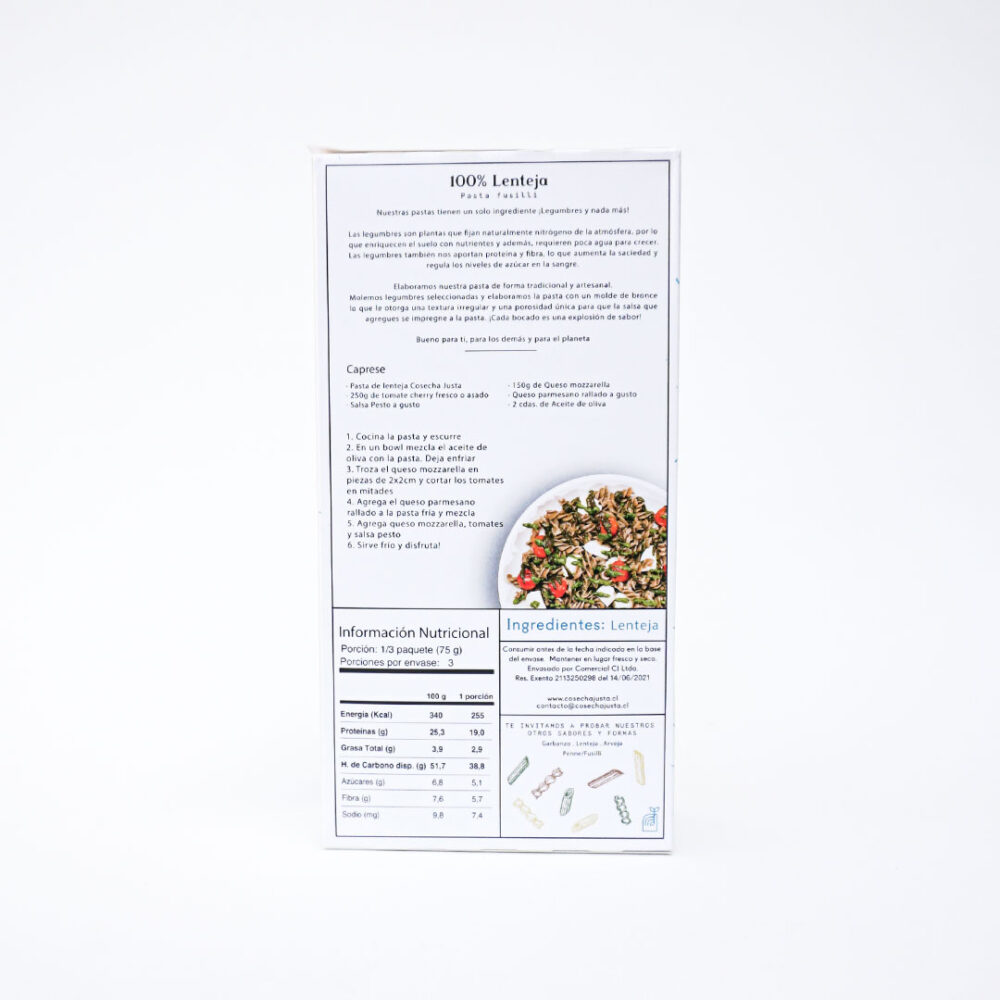 Pasta Fusilli Lenteja, 227 gr. - Cosecha Justa