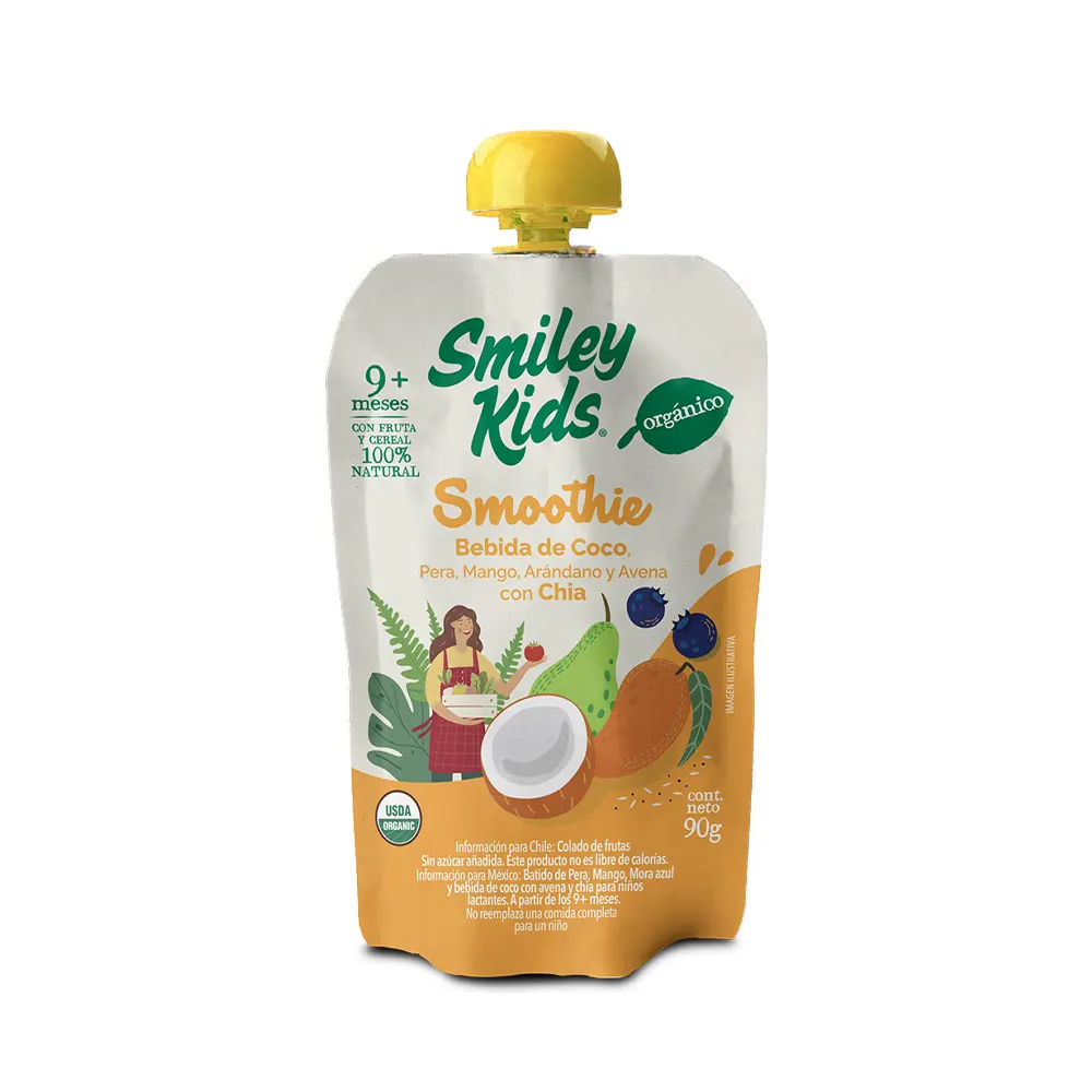 Smiley Kids Smoothie Orgánico, Pera, Mango, Arándano y Avena con Chía, 90 gr.