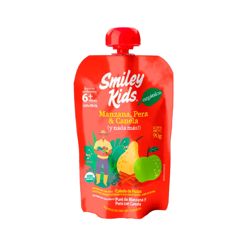 Smiley Kids Compota Orgánica, Manzana, Pera y Canela, 90 gr.