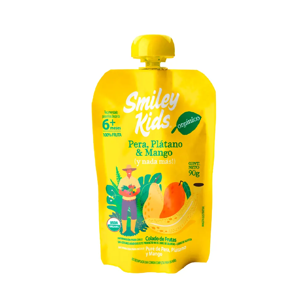 Smiley Kids Compota Orgánica, Pera, Plátano y Mango, 90 gr.