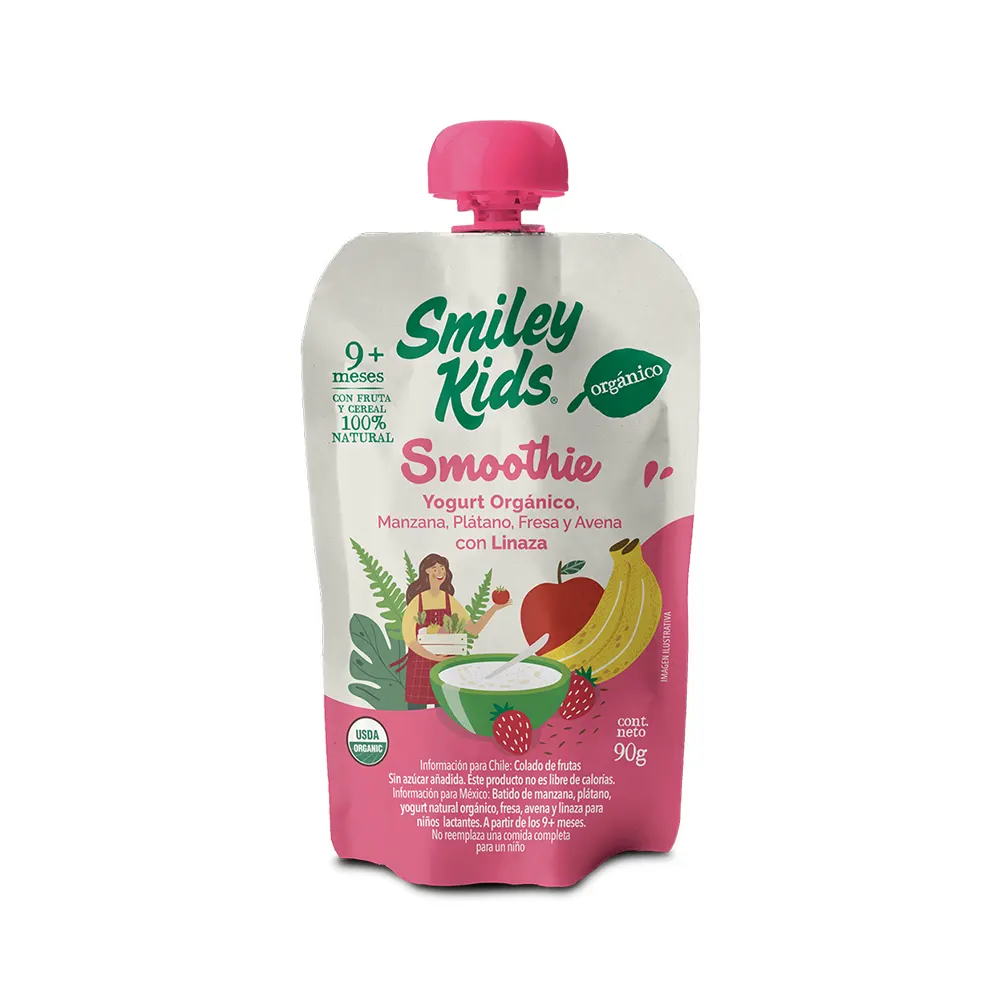 Smiley Kids Smoothie Yogurt Orgánico, Manzana, Plátano, Fresa y Avena con Linaza , 90 gr.