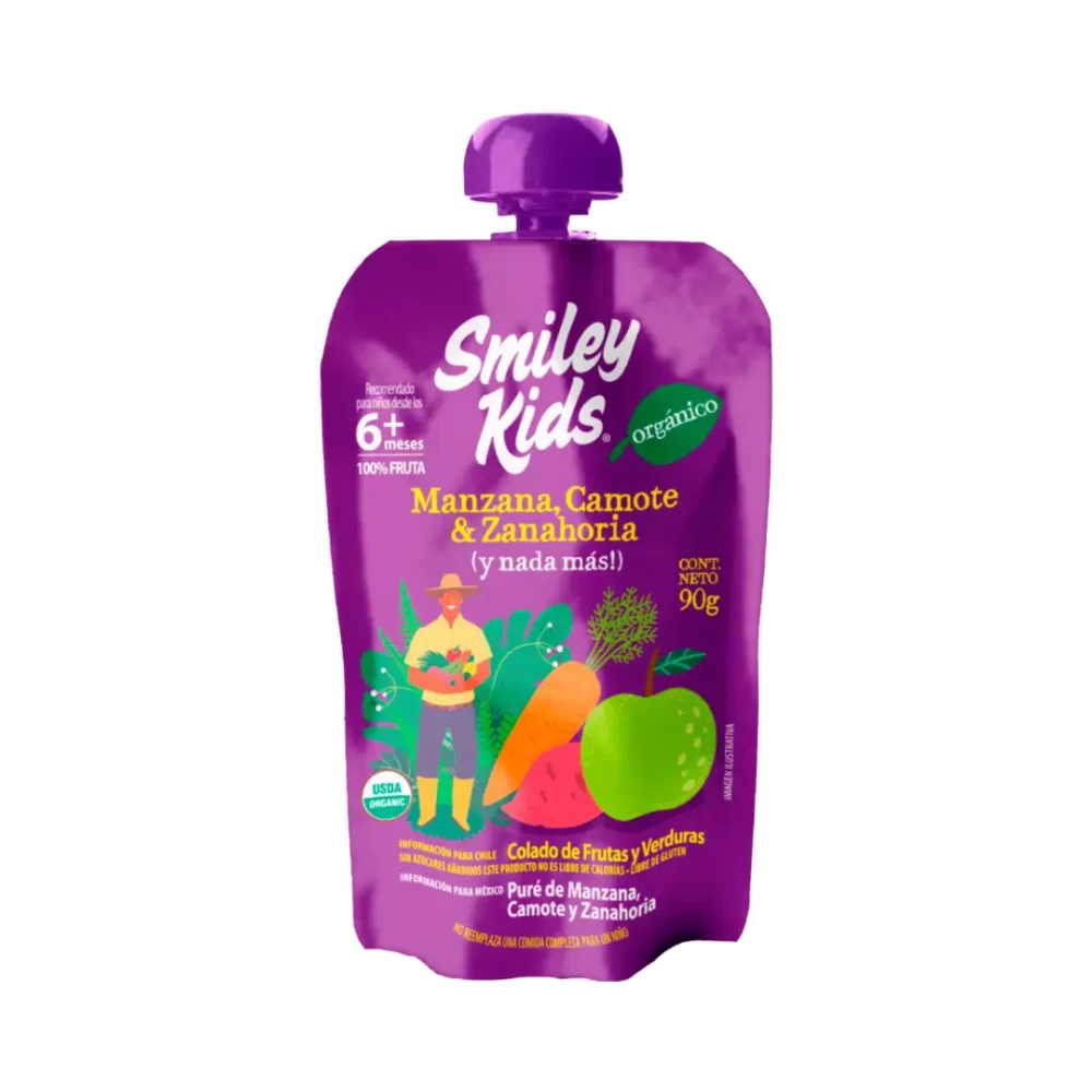 smileykids-manzana-camote-zanahoria Smiley Kids Compota Orgánica, Manzana, Camote y Zanahoria, 90 g.