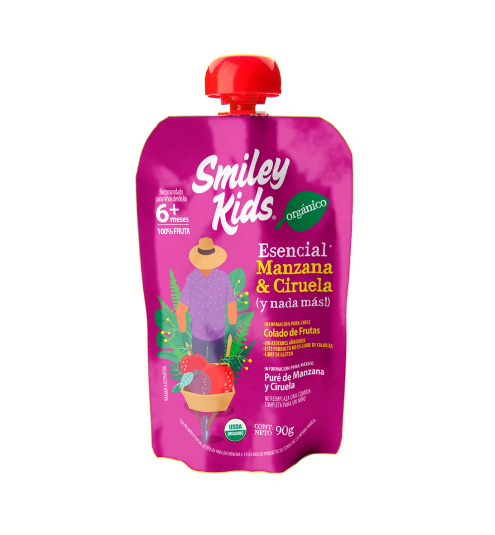 Smiley Kids Compota Orgánica, Manzana y Ciruela, 90 gr.