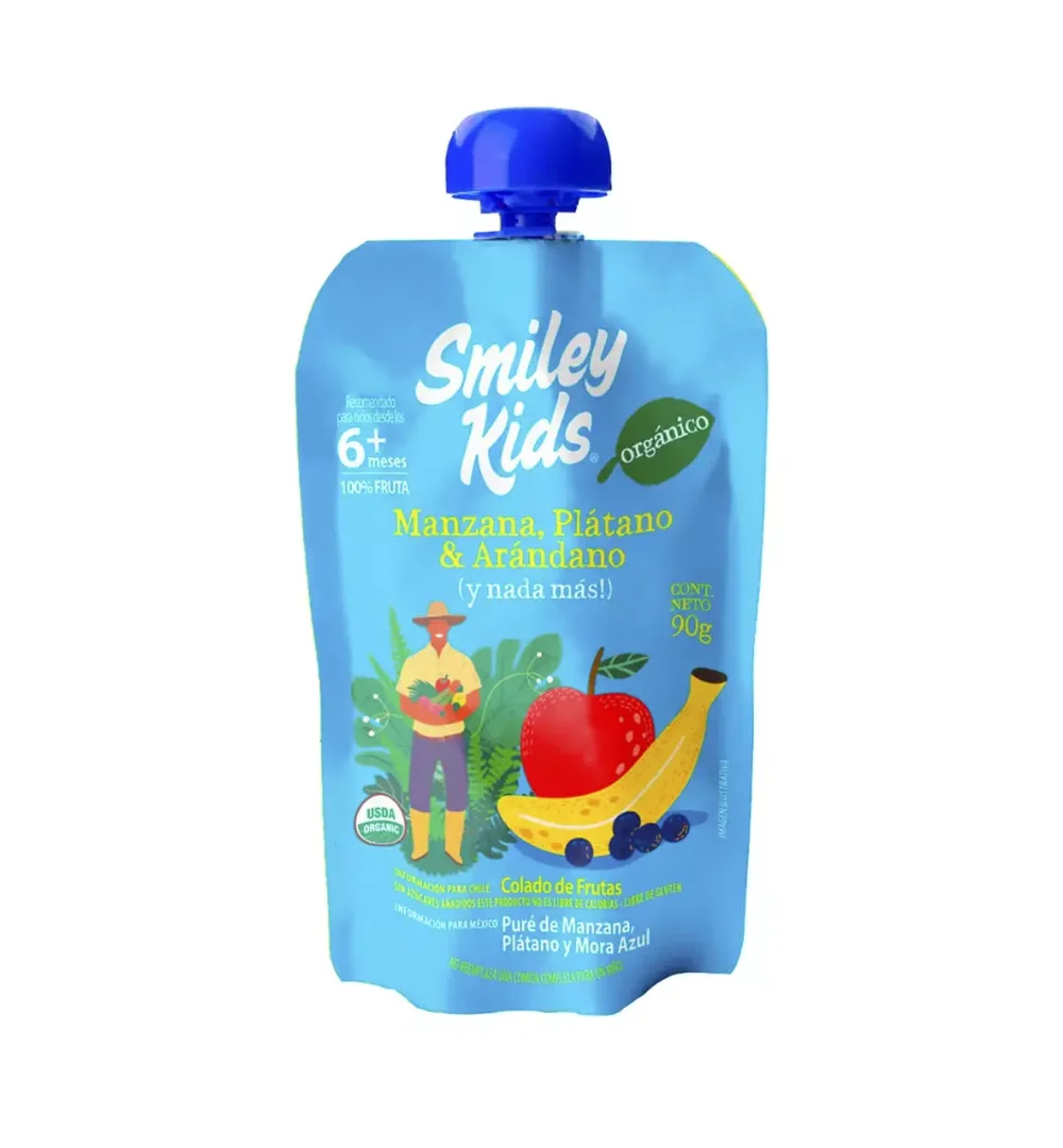 Smiley Kids Compota Orgánica, Manzana, Plátano y Arándano, 90 gr.