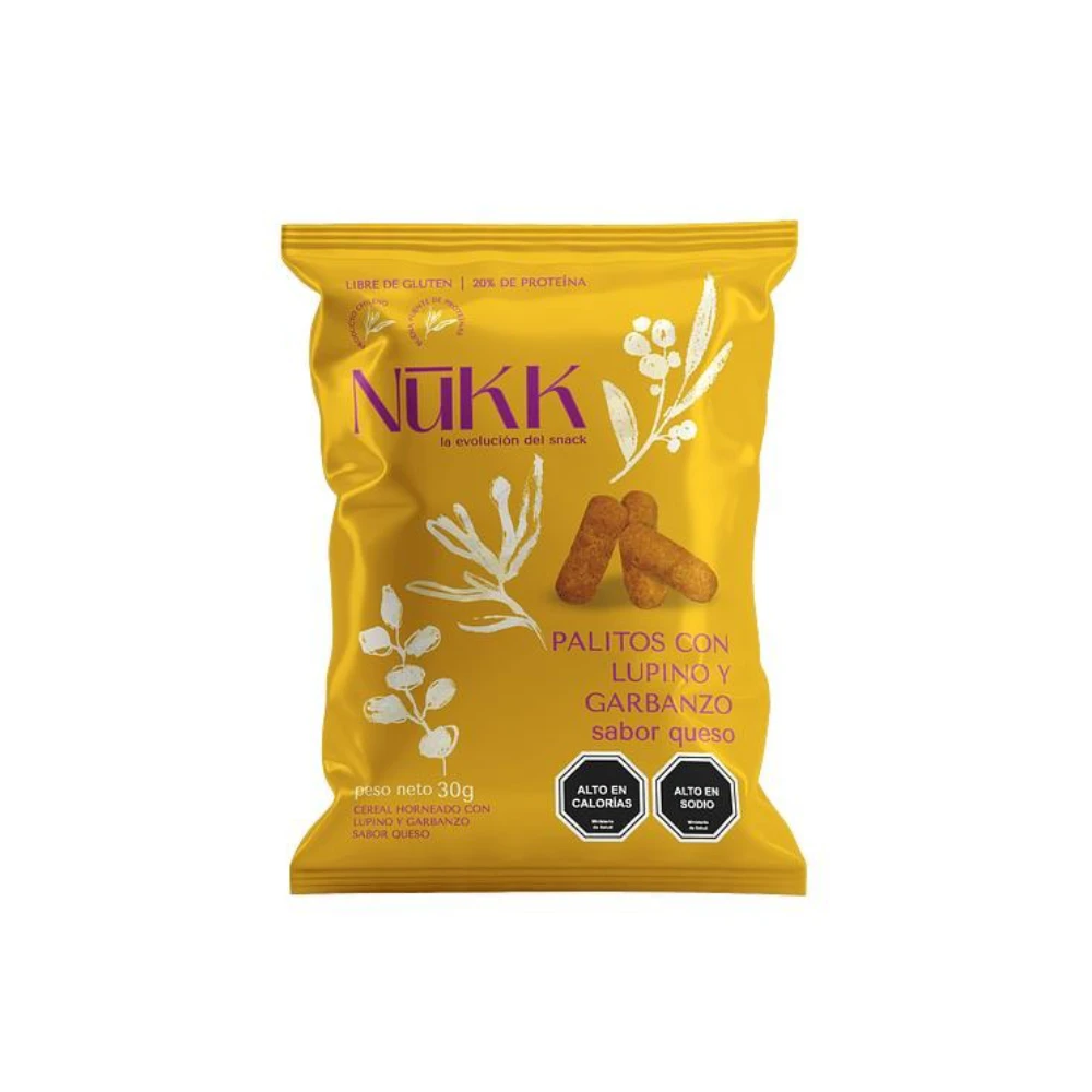 Snack Palitos de Lupino y Garbanzo sabor Queso, 30 g. - Nukk